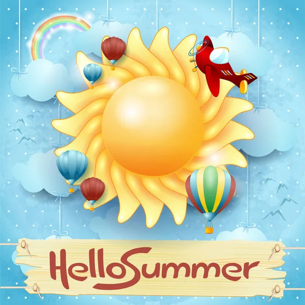 Sommer Hintergrund Mit Sonne Und Heißluftballons — Stockvektor