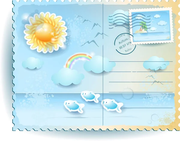 夏季明信片与太阳和大海在复古风格 — 图库矢量图片