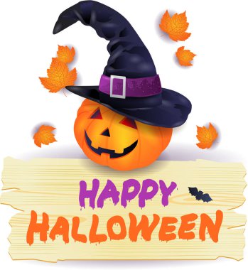 Cadılar Bayramı Balkabağı şapka ve ahşap işareti, vektör çizim eps10