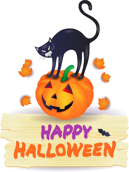 Halloween Dýně Černá Kočka Dřevěná Vektorové Ilustrace Eps10 — Stockový vektor