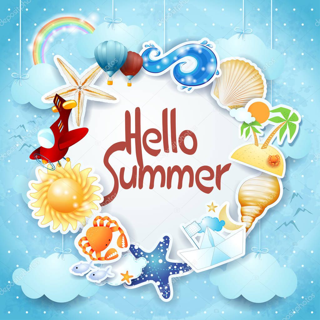 Summer background with colorful icons and message, vector illustration eps10