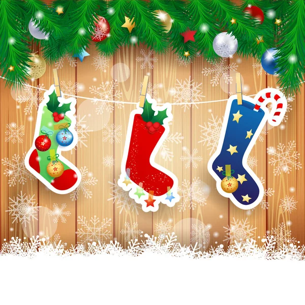 Christmas Stocking Houten Achtergrond Vector Illustratie Eps10 — Stockvector