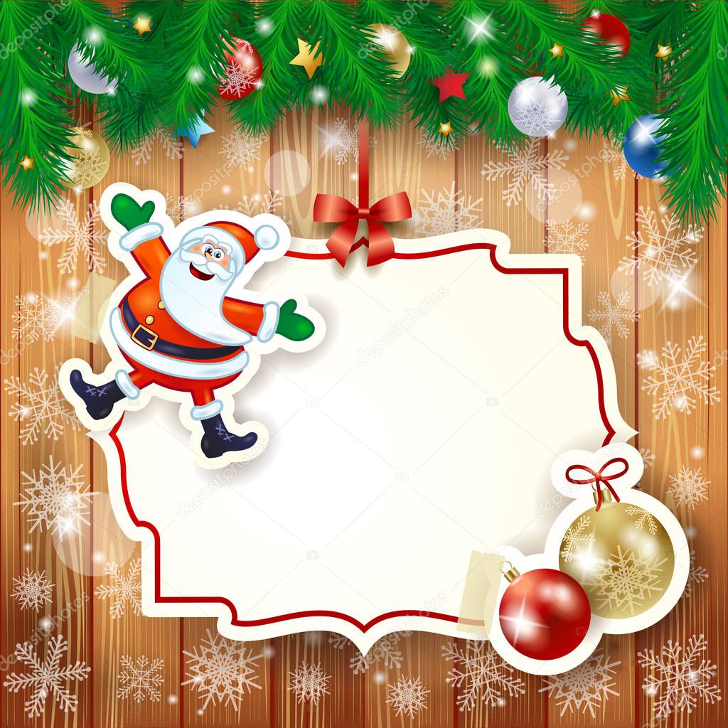 Christmas background with label, Santa and baubles. Vector illustration eps10