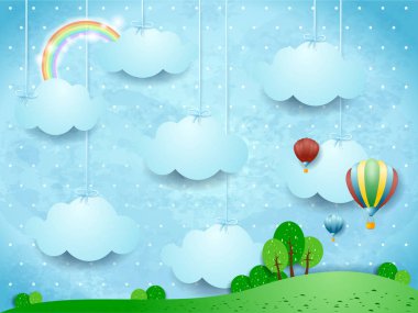 Bulutlar ve sıcak hava balonları asma gerçeküstü manzara