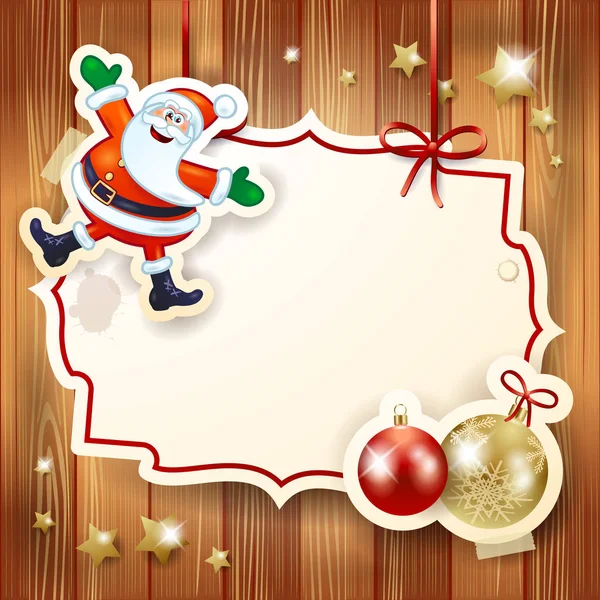 Weihnachten Hintergrund mit Etikett, Weihnachtsmann und Christbaumkugeln — Stockvektor