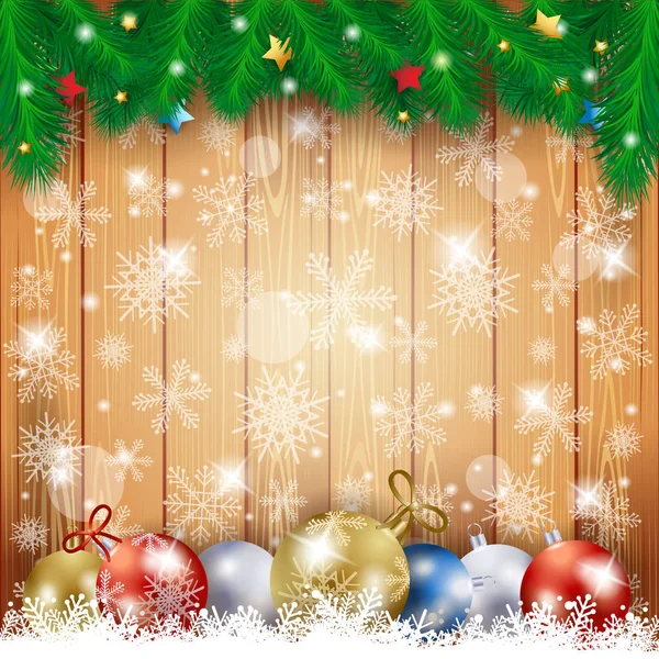 Weihnachten Hintergrund mit Holztisch und Weihnachtskugeln — Stockvektor