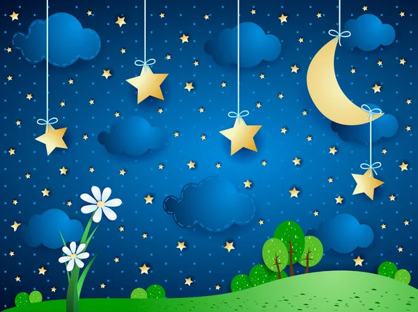 Σουρεαλιστικό φόντο με το φεγγάρι, τα σύννεφα και λουλούδια — Διανυσματικό Αρχείο