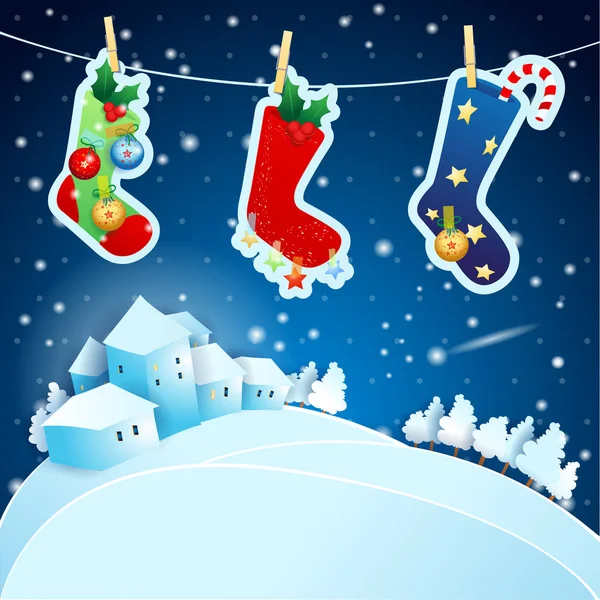 Christmas Eve with socks and landscape — Stock Vector