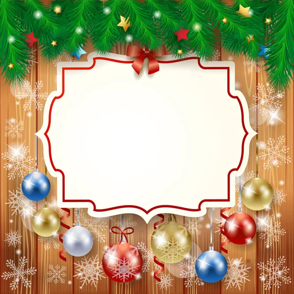 Weihnachten Hintergrund mit Etikett und Christbaumkugeln — Stockvektor