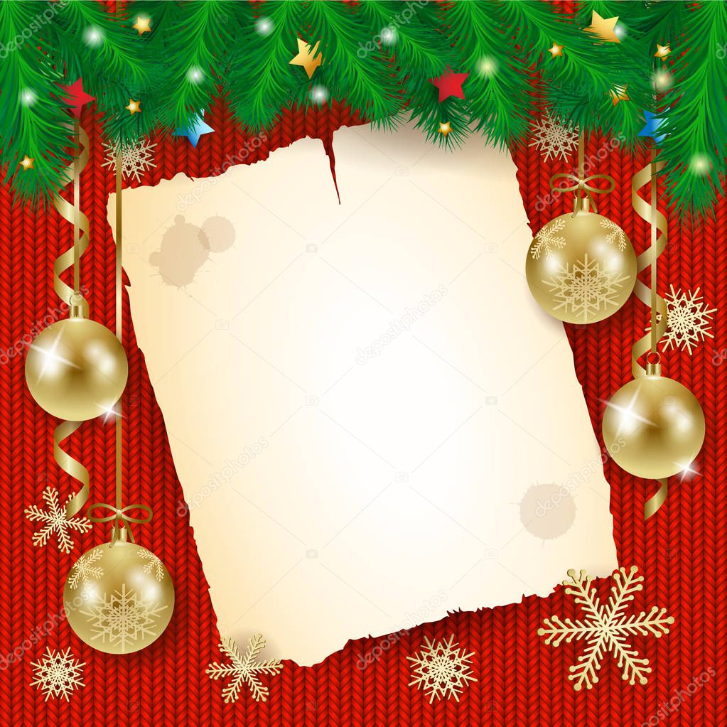 Christmas background with old paper and golden ornament