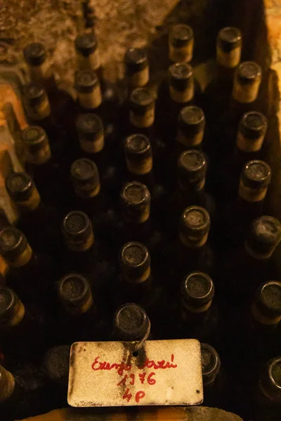 Bouteilles de vin dans la cave d'archives, Ezerjo, Hongrie — Photo