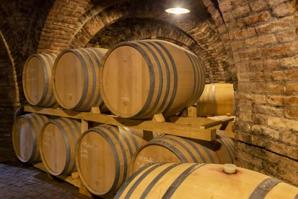Barris de vinho na adega, Szekszard, Hungria — Fotografia de Stock