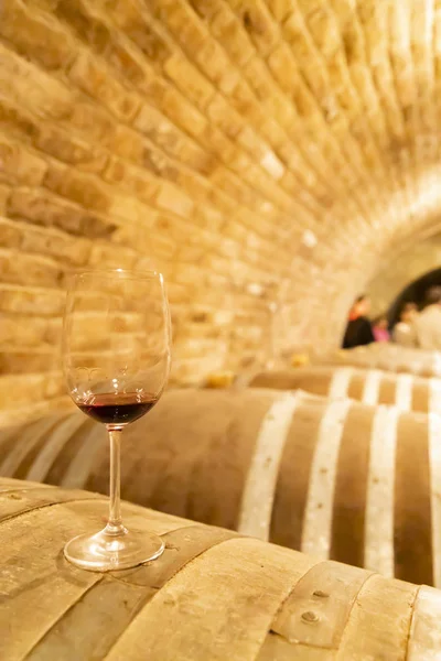 Бокалы вина на бочке, Сексард, Венгрия — стоковое фото