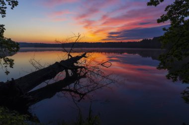 Gölün üzerinde gün doğumu güneşi, Trebon, Çek Cumhuriyeti