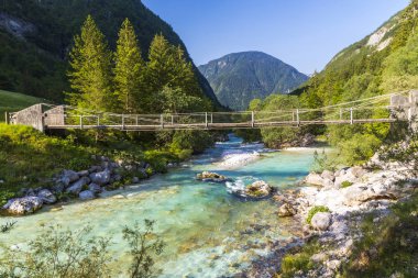 Soca nehrinde halat Köprüsü, Triglavski Milli Parkı, Sloveni