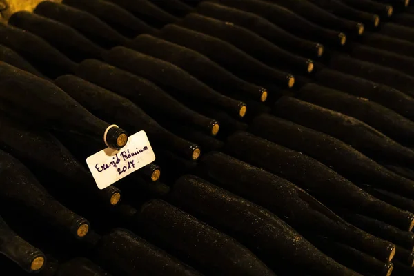 Wijnflessen in archiefkelder, Ezerjo, Hongarije — Stockfoto