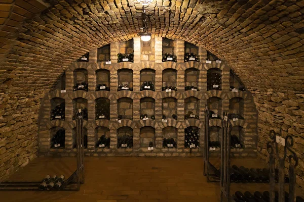 Wine bottles in archive cellar, Ezerjo, Hungary — Stock Photo, Image