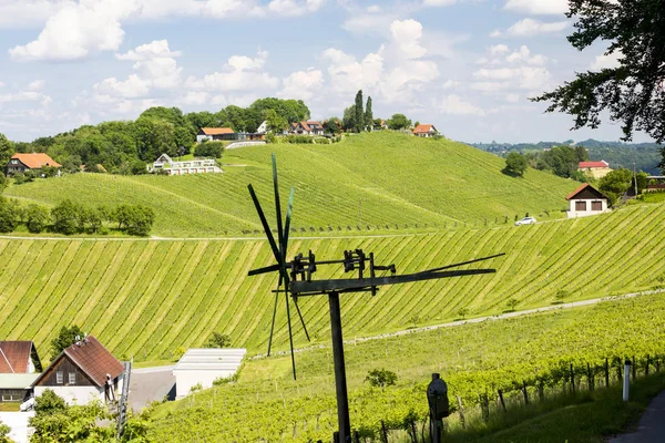 Viñedo con molino de viento llamado klapotetz en el sur de Estiria, Aust — Foto de Stock