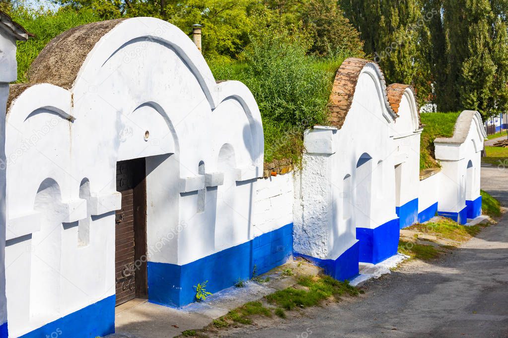 Group of typical outdoor wine cellars in Moravia, Czech Republic