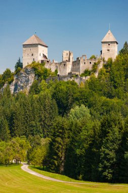 1278 'de kurulan kısmen harap edilmiş Gallenstein Kalesi. Sankt Gallen Belediyesi, Liezen Bölgesi, Styria, Avusturya