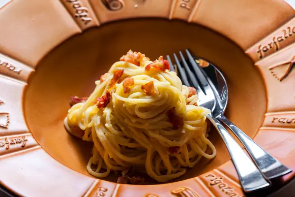 Pasta Carbonara Met Spek Parmezaanse Kaas — Stockfoto