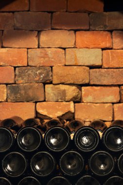 Güney Moravya Çek Cumhuriyeti şarap mahzeninde istiflenmiş şarap şişeleri alanı