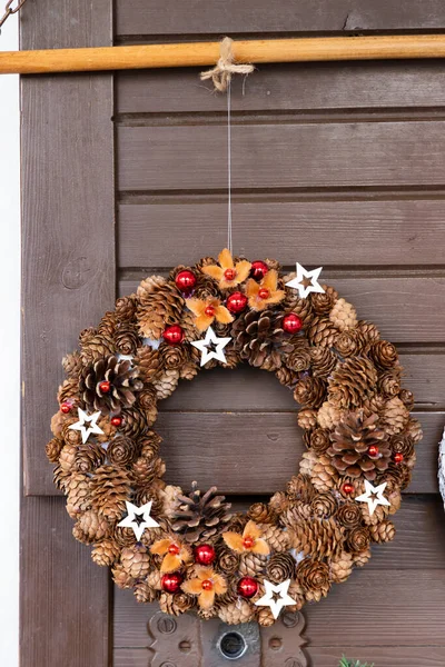 Advent Wreath Cones Wooden Door — Stock Photo, Image