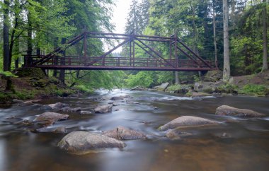Paseracka lavka köprüsü Zemska brana 'daki Divoka Orlice nehri üzerinde, doğa rezervi, Orlicke dağları, Doğu Bohemya, Çek Cumhuriyeti