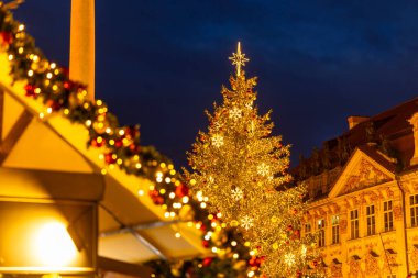 Illuminated Christmas tree with golden lights in Prague Old Town Square during evening