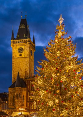 Festive Christmas tree glows brightly near the historic Old Town Hall in Prague