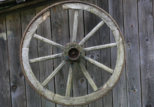 Rad Eines Alten Wagens Auf Einem Hölzernen Wandhintergrund — Stockfoto