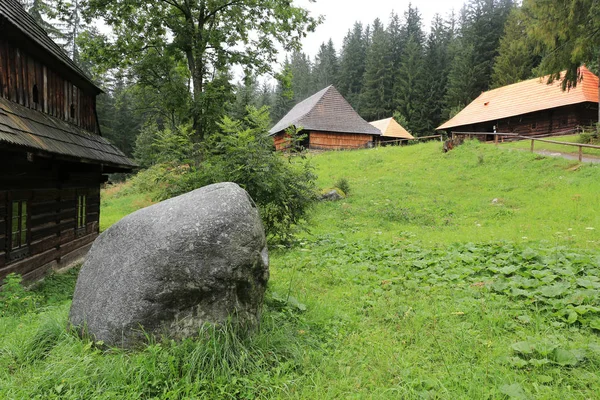 スロバキア Zuberec の祖先村の野外博物館の緑の草原の上に石 — ストック写真