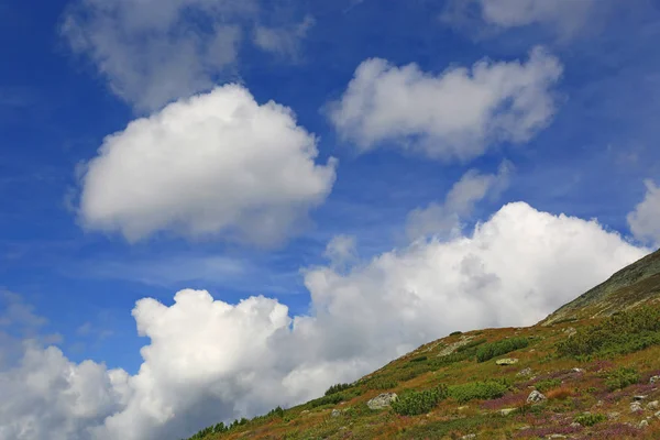 Szép Felhők Fölött Zöld Hegy Lejtőjén Jelenet — Stock Fotó