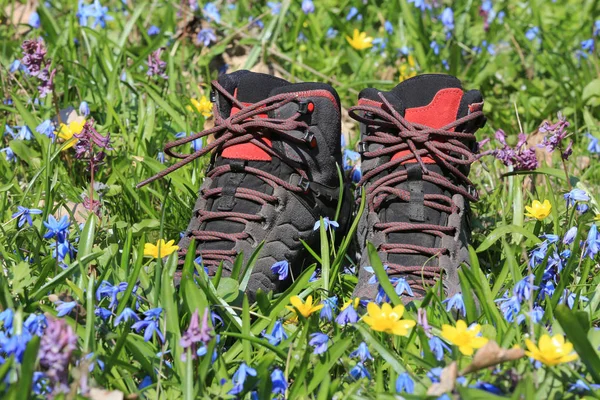 Turistické boty na jarní louce — Stock fotografie