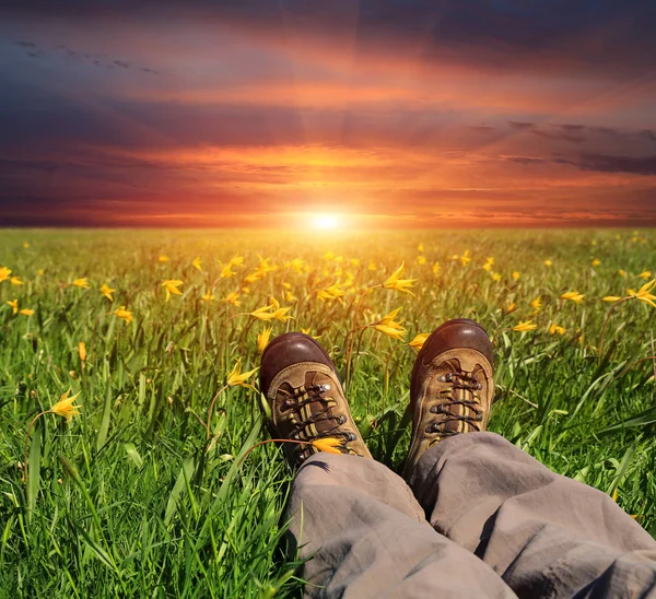 Randonneurs jambes en bottes sur prairie — Photo