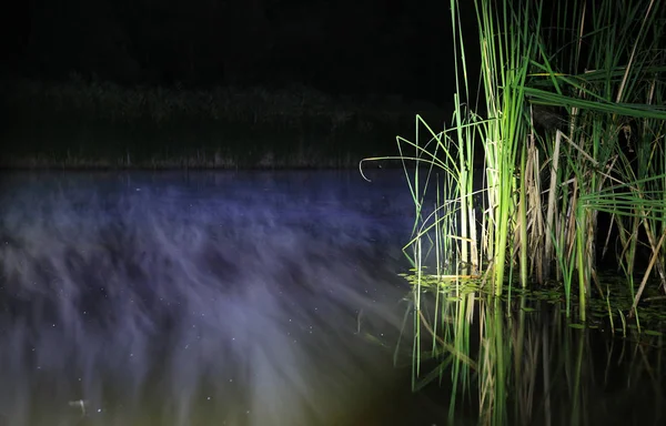 Pára nad vodou v noční řece — Stock fotografie