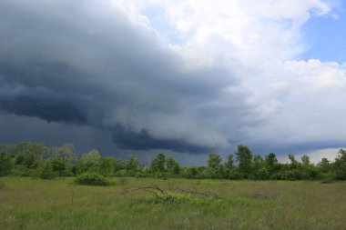 Fırtınadan önce bozkırda ağır bulutlarla gökyüzü