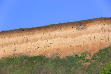 Mavi gökyüzü arkaplanındaki yeşil bir tarlanın üzerindeki çamurdan soyut uçurum