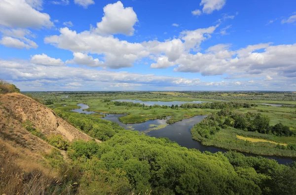 Widok Rzekę Delta Zbocza Wzgórza Letni Dzień — Zdjęcie stockowe