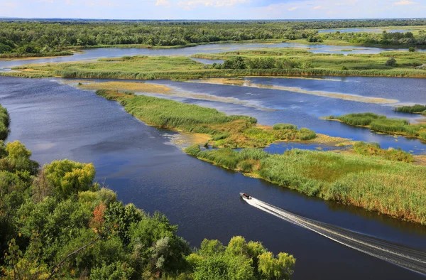 Motor Boat Floats Green Islands River Delta Summer Day Ukraine — Stock Photo, Image