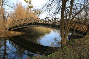 Sonbahar parkında nehrin üzerinde eski bir köprü