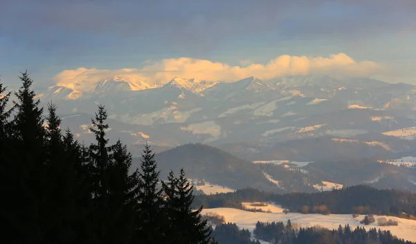 Abendliche Winterlandschaft Mit Blick Auf Die Tatra Der Slowakei Stockbild