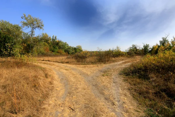 Krajobraz Drogi Rut Widelec Jesienią Stepu — Zdjęcie stockowe