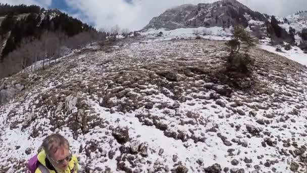 Alone hiker trekking in Switzerland Alps mountains — Stock Video