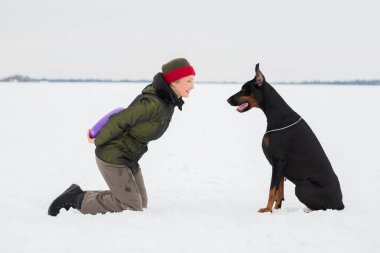Eğitim ve Dobermans köpeklerle karlı bir sahada oynamak