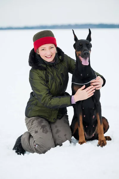 Treinamento e brincando com cães Dobermans em um campo nevado — Fotografia de Stock