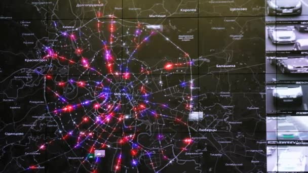 Interactive map in the traffic monitoring center shows statistics — Stock Video