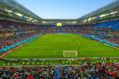 Futbol taraftarları stadion Kaliningrad Sırbistan ve İsviçre arasındaki maçtan önce katılmak
