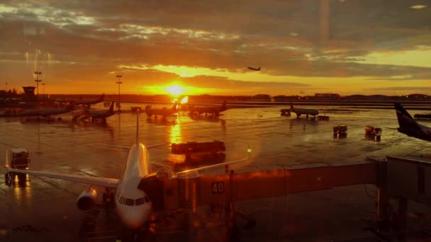 Internationale luchthaven landschap op zonsondergang — Stockvideo