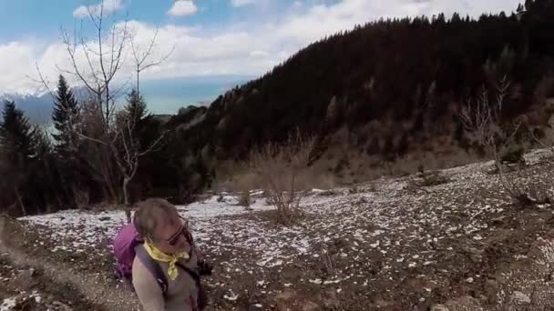Alone hiker trekking in Switzerland Alps mountains — Stock Video